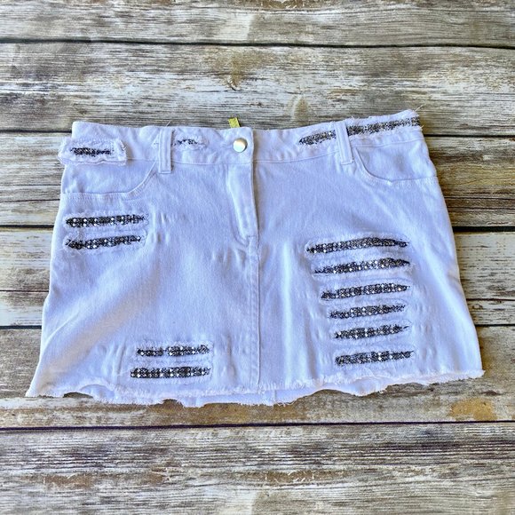 Noa Dresses & Skirts - White Noa Distressed Rhinestone Jean Skirt